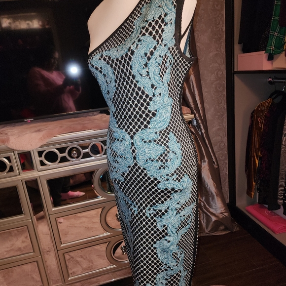 Herve Leger One Shoulder Turquiose and Black Bandeau Dress Size Medium - Picture 2 of 5